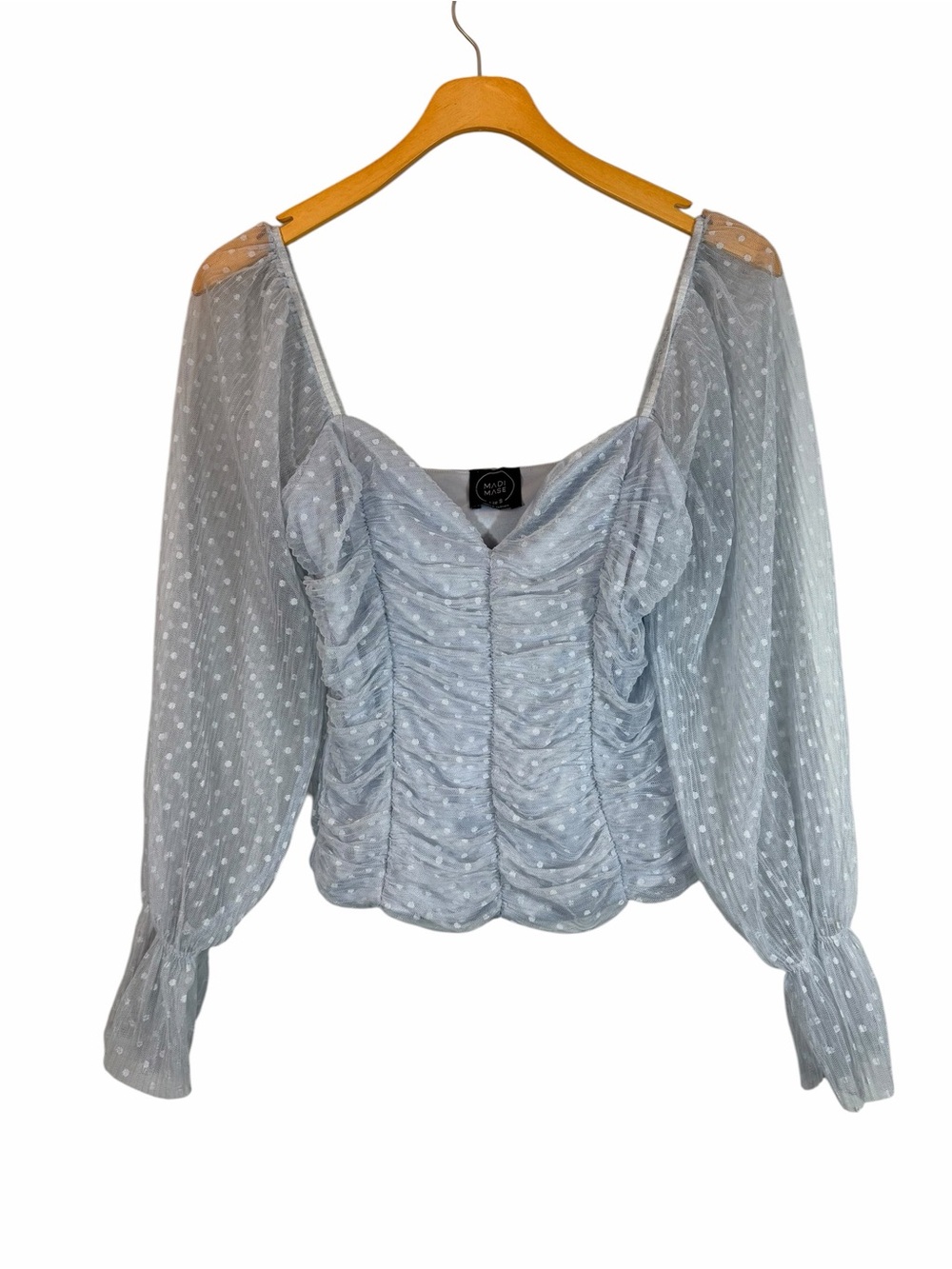 Madi Mase Swiss Dot Ruched Puff Sleeve Top Size S Light Blue Fairy Princess